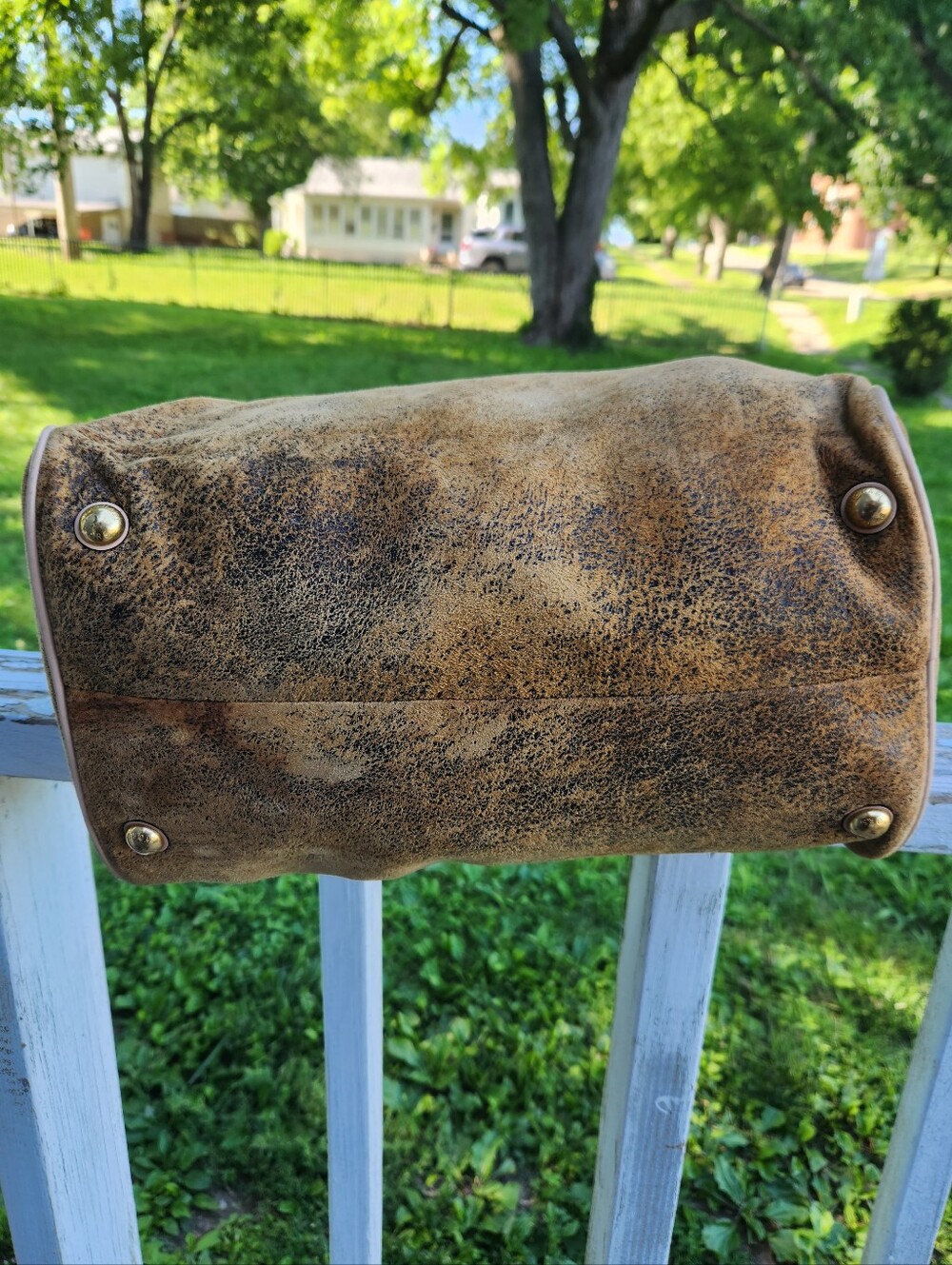 Vintage Michael Kors Edie Distressed Brown Leather Satchel with Gold MK Charm - Picture 6 of 14